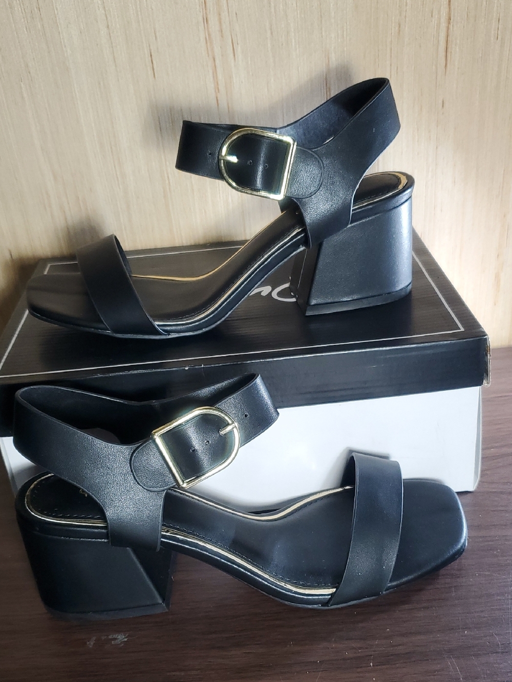 Qupid Black Block Heel Sandals with Gold Buckle